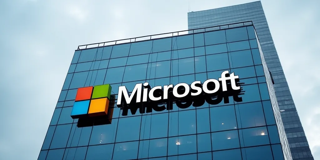 a building with a sign that says microsoft on it's side and a sky scraper behind it, Dahlov Ipcar, s