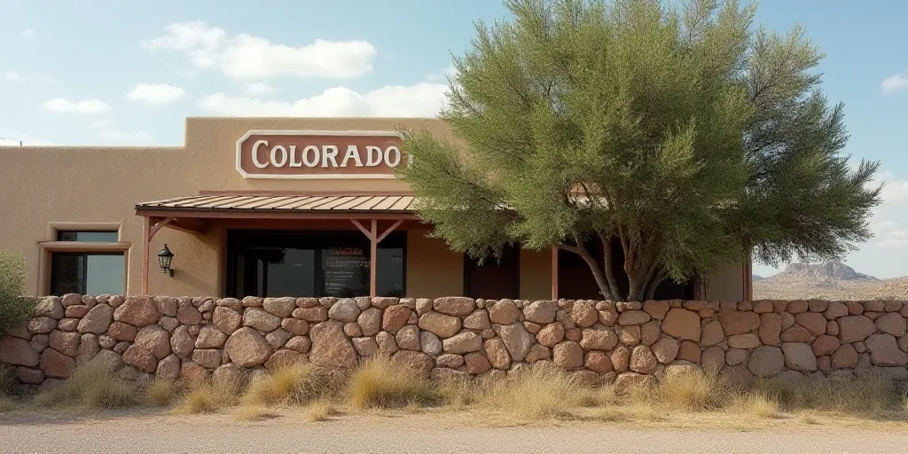 a building with a sign that says colorado on it and a stone wall in front of it and a tree in front