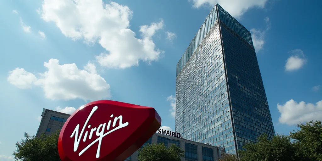 a building with a sign that says virgin in front of it and a sky scraper behind it that says virgin,