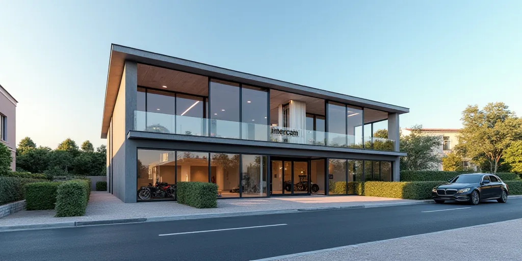 a building with a sign that says intercam and a picture of a building with a sign that says intercam