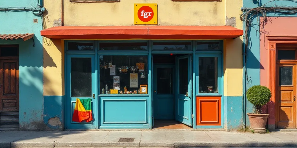 a building with a sign that says fgr and a flag hanging from the side of it's glass front, Federico