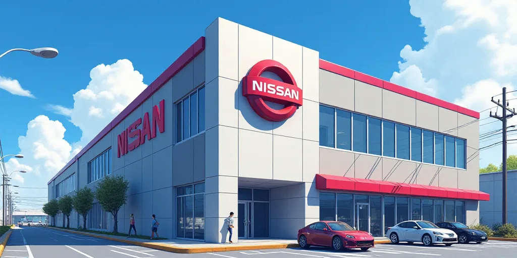a building with a sign that says nissan on it's side and a sky background behind it that says nissan