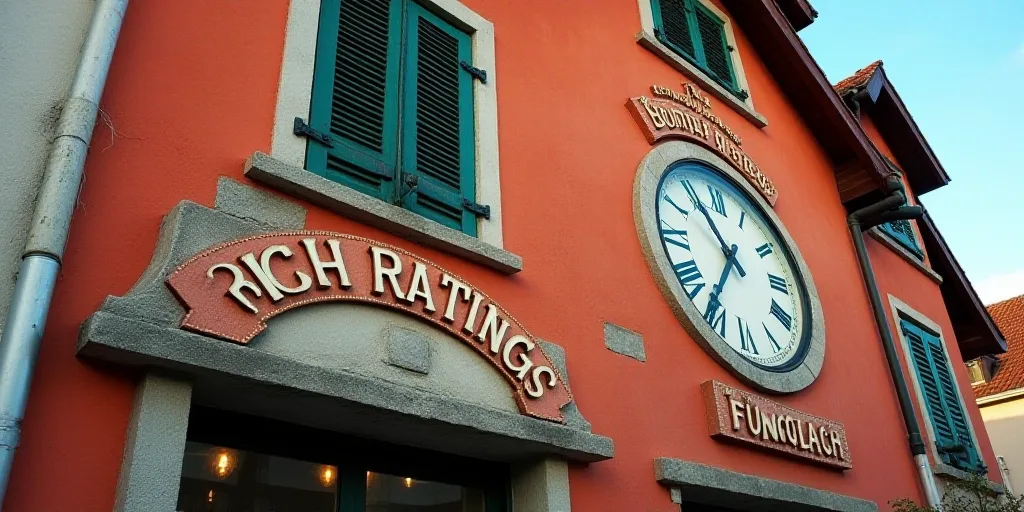 a building with a sign that says rich ratingss on it's side and a clock on the side of the building,