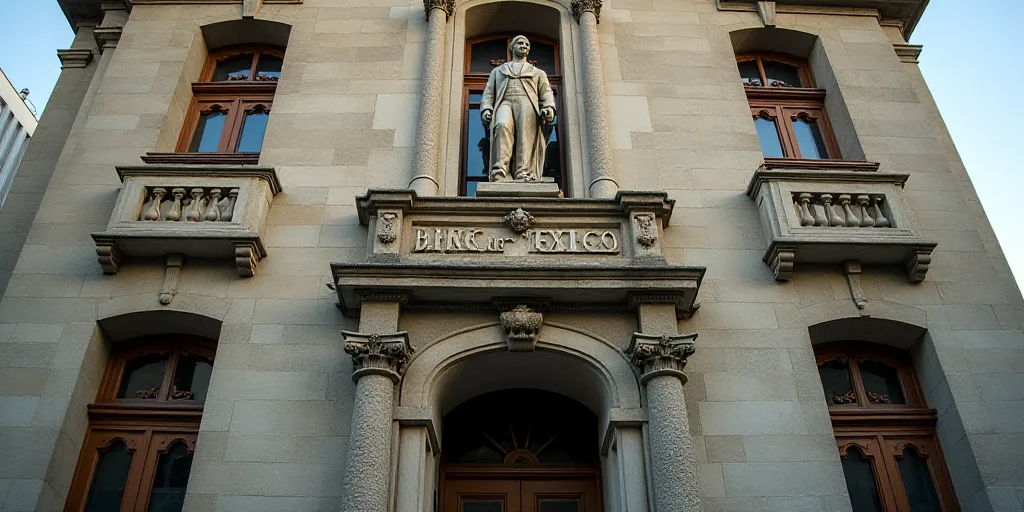 a building with a statue of a man on the front of it and a sign that says banco de mexico, Carlos Fr