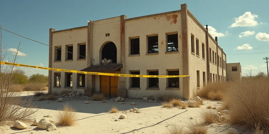 a building with a yellow caution tape in front of it and a sign that says deplanin, David Alfaro Siq
