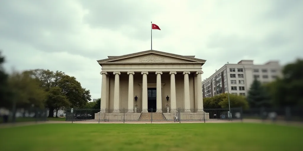 a building with columns and a flag on top of it in front of a grassy area with a fence, Carlos Trill