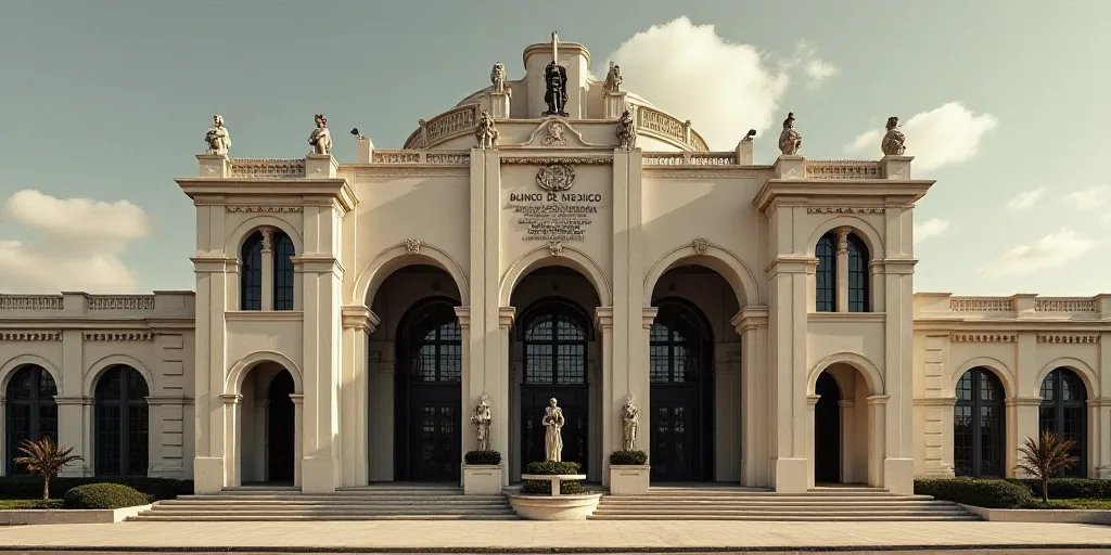a building with statues of people on the front of it and a sign that says banco de mexico, Carlos Fr