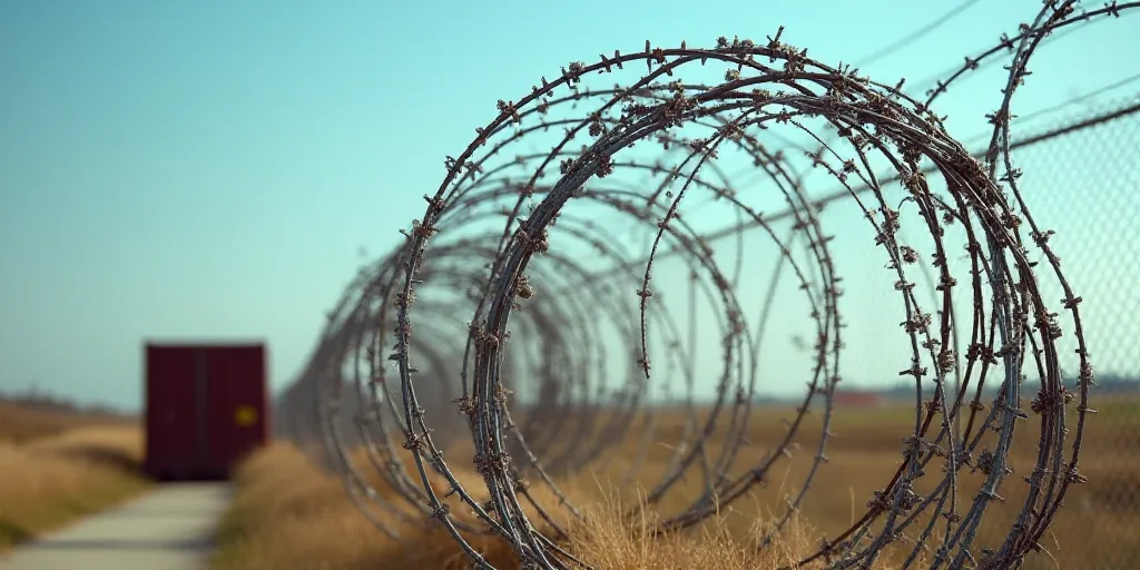 a bunch of barbed wire with a container in the background on a sunny day with a blue sky in the back