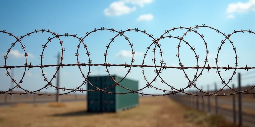 a bunch of barbed wire with a container in the background on a sunny day with a blue sky in the back
