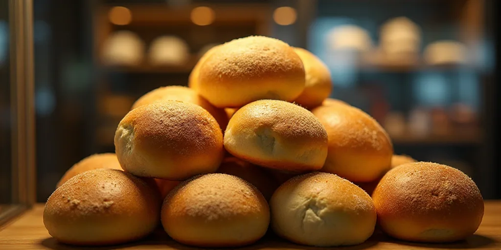 a bunch of bread rolls stacked on top of each other in a store display case with a light on, Delauna
