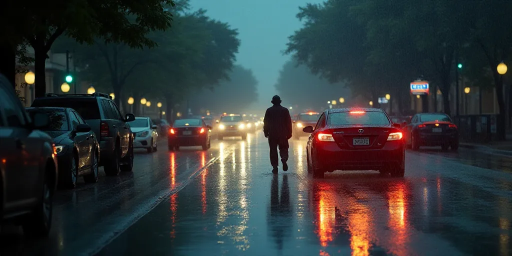 a bunch of cars that are in the street in the rain and water with lights on and a person walking in