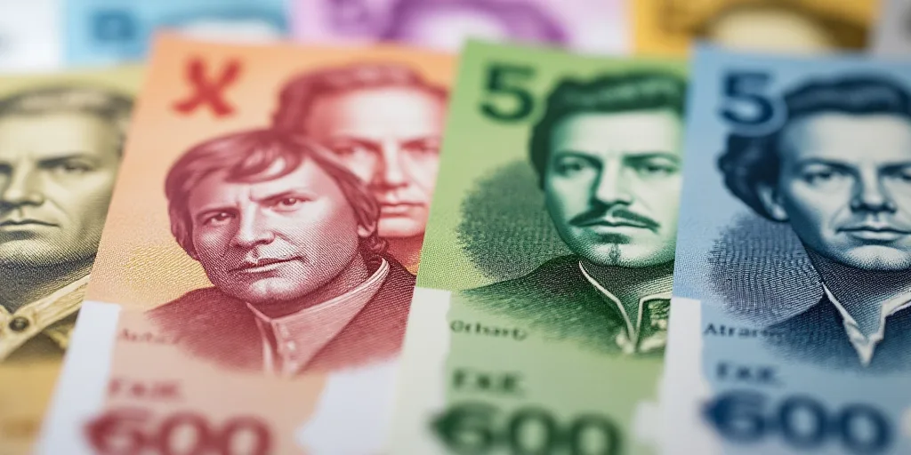 a bunch of different bills with a man on one of them and a woman on the other side of the bill, Aqui