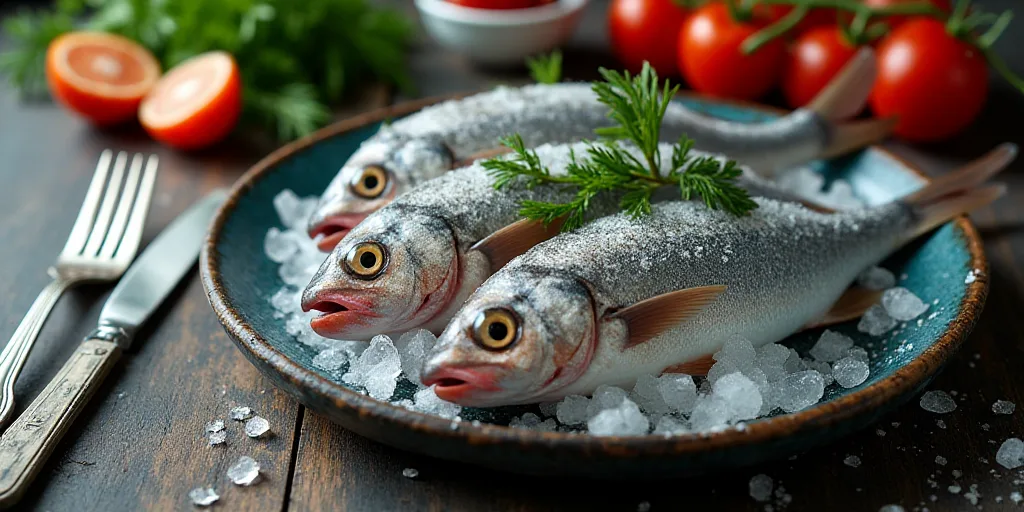 a bunch of fish that are on some ice and some food on a table with a fork and knife, Carpoforo Tenca