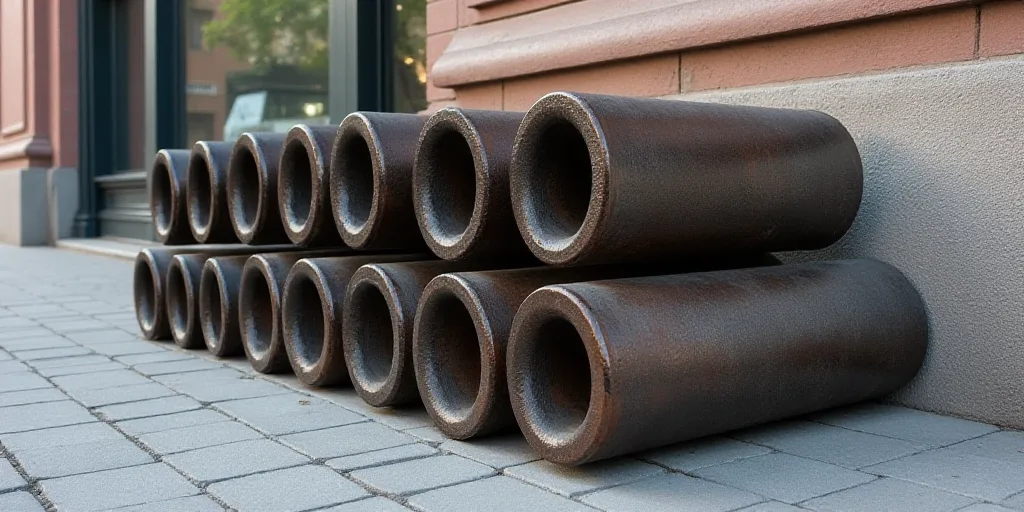a bunch of metal bars sitting on top of a sidewalk next to each other on a sidewalk next to a buildi