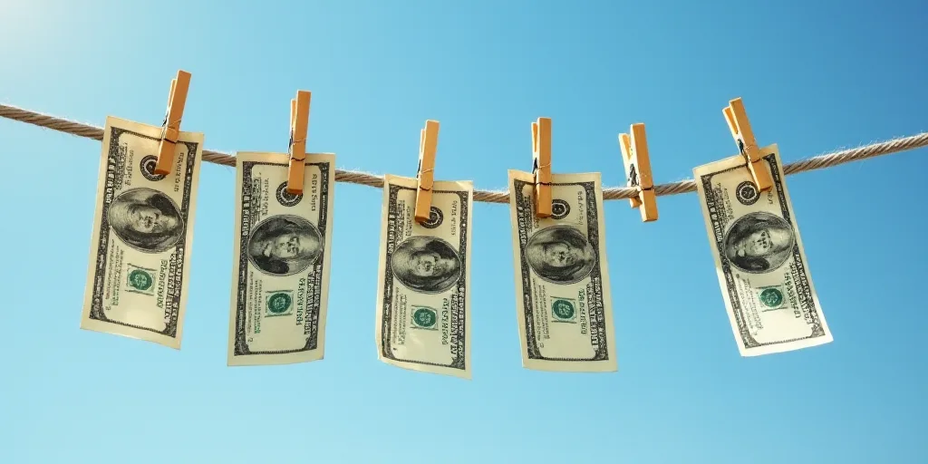 a bunch of money hanging from clothes pins on a clothesline with clothes pins attached to them, with