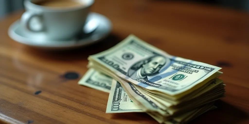 a bunch of money sitting on top of a wooden table next to a cup of coffee and a spoon, Afewerk Tekle