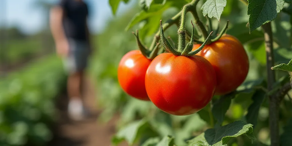a bunch of tomatoes hanging from a vine in a garden area with other plants in the background and a p