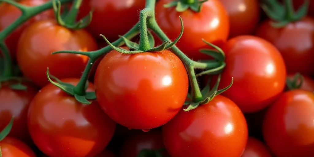 a bunch of tomatoes that are on the vine together in a pile, with water droplets on them, and on the