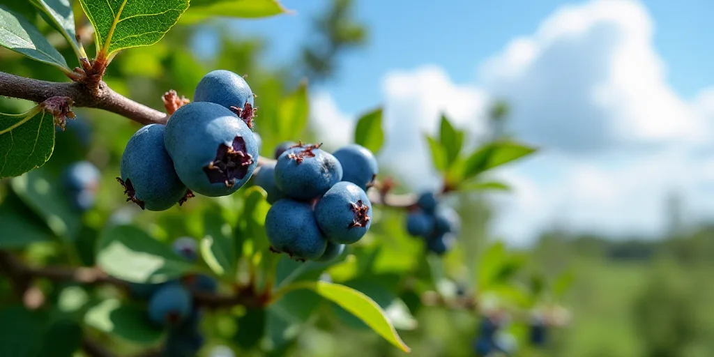 a bush with blue berries growing on it's leaves and a sky background in the background, with a few c