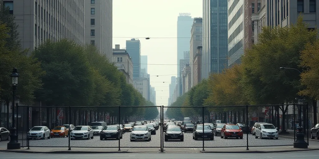 a busy city street with lots of traffic and tall buildings in the background, with a fence separatin