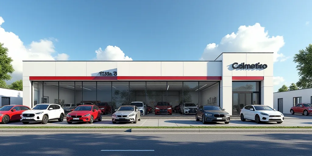 a car dealership with several cars parked in front of it and a few cars parked in front of it, Almad