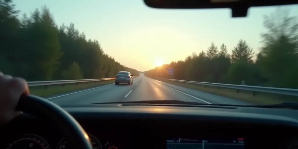a car driving down a highway with a view of the street from inside the vehicle's dashboard,, Dahlov