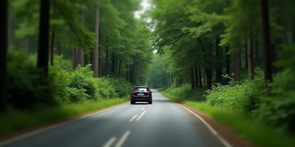 a car driving down a road next to a forest filled with trees and bushes and a fenced in area, Exekia