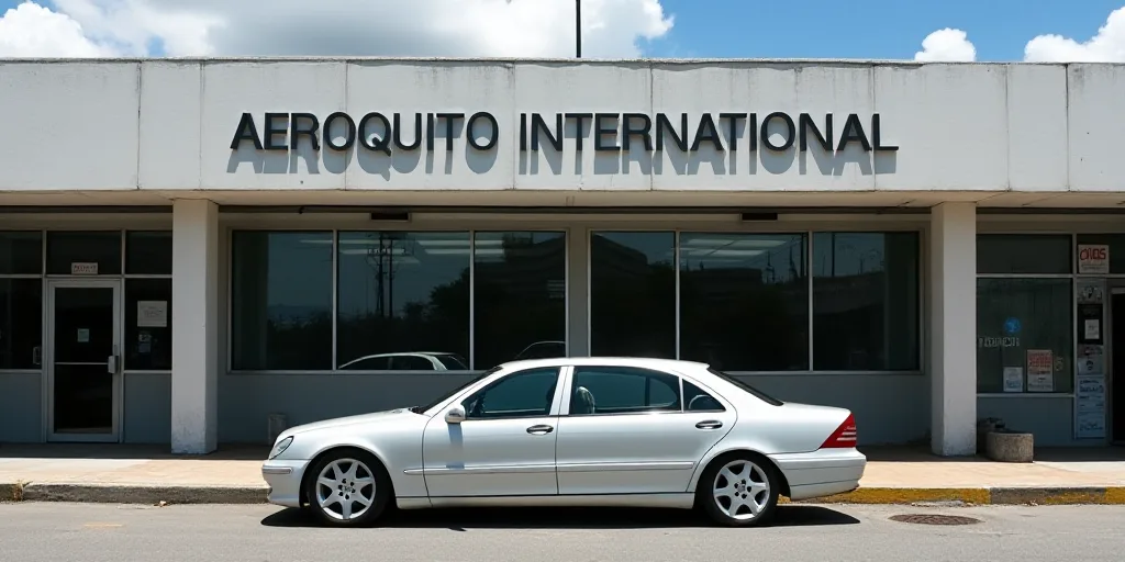 a car is parked outside of a building with a sign on it that says aeroquito international de puebla,