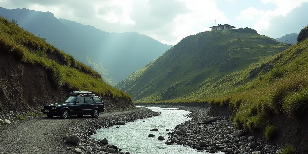 a car parked on a rocky road next to a hill with a house on top of it and a hill with a house on top