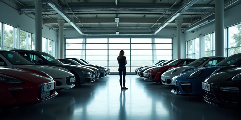 a car showroom filled with lots of cars parked in it's garages and a woman standing next to the car,