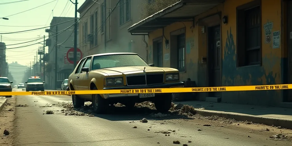 a car that has crashed into a building and is in the street with a police tape around it and a polic