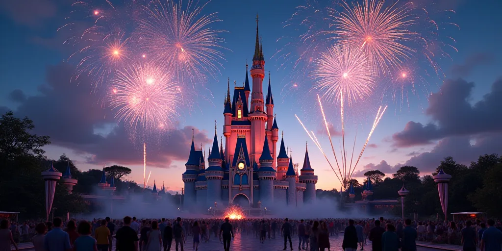 a castle with a lot of fireworks in the sky above it and a lot of people standing around it, disney,
