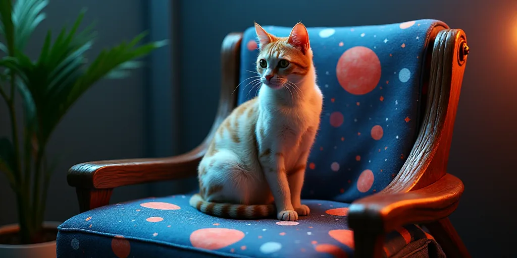 a cat sitting on a chair with a space themed cover on it's back and a space themed seat cushion, Év