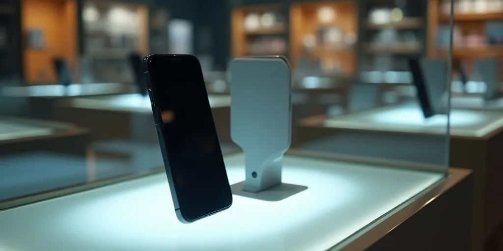 a cell phone is on display in a store display case with a box of it's contents in the background, Ch