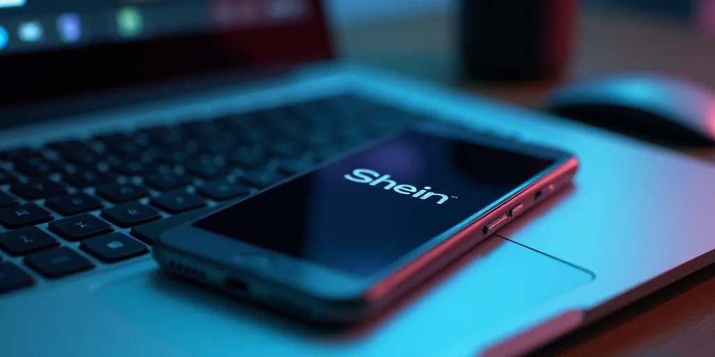 a cell phone is sitting on a laptop keyboard with a shein logo on it and a keyboard on the other sid