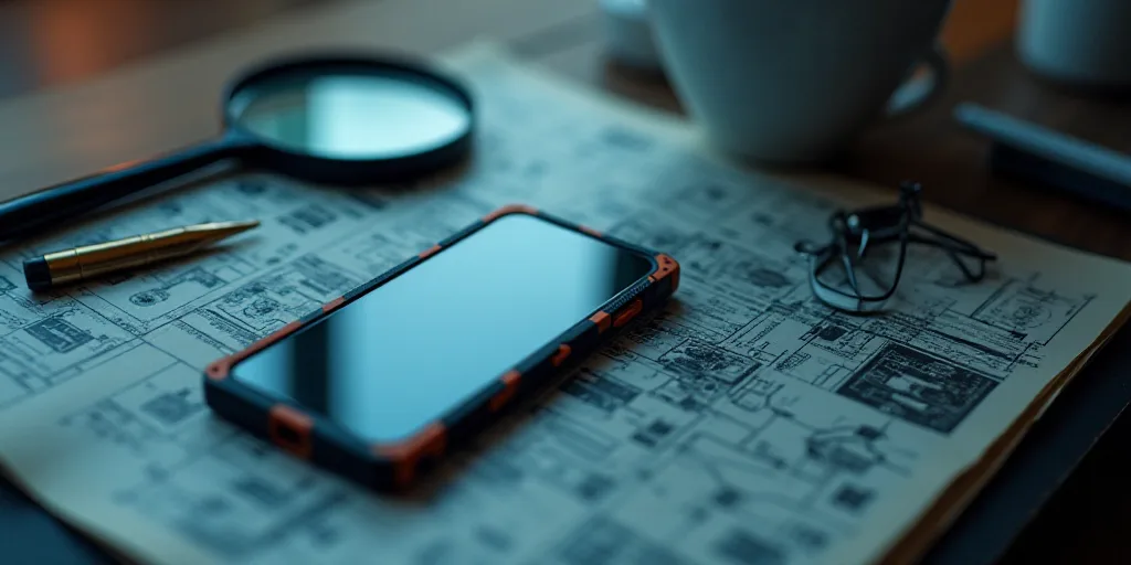 a cell phone sitting on top of a table next to a magnifying glass and a pair of scissors, Andries St