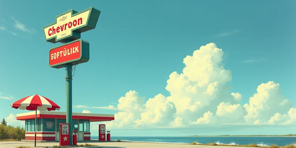 a chevron gas station sign on a cloudy day with a blue sky in the background and a red and white umb