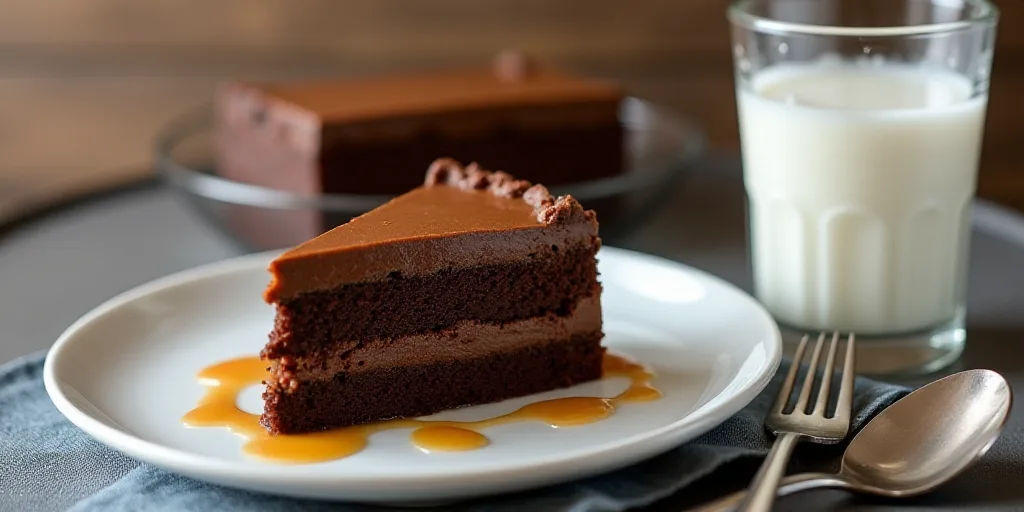 a chocolate cake with caramel on a plate with a fork and spoons next to it and a glass of milk, Cefe
