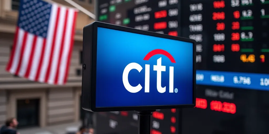 a citi sign is shown in front of an american flag and a wall with a stock ticker, Cliff Childs, oil,