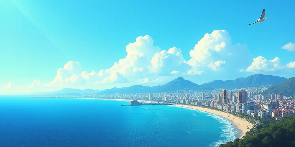 a city by the ocean with a bird flying over it and a blue sky with a few clouds in the background, C