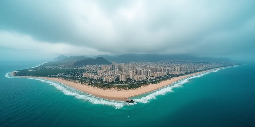 a city on a beach with a blue ocean and a cloudy sky above it and a blue ocean below it, Esaias Bour