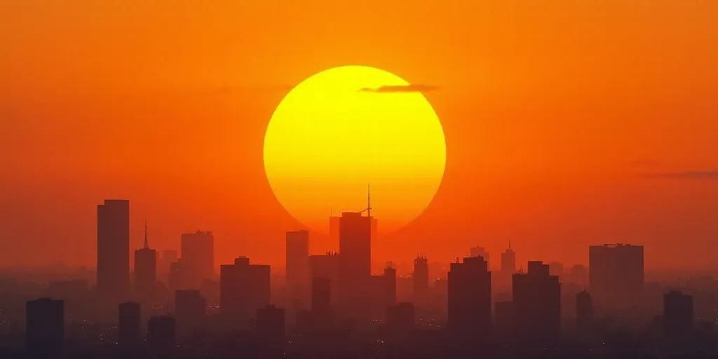 a city skyline with a bright orange sky and a yellow sun in the background with buildings and buildi