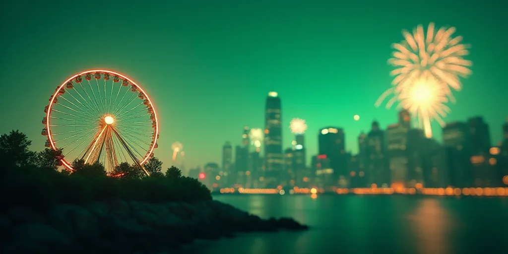 a city skyline with a ferris wheel and fireworks in the sky and a green background with a blurry ima