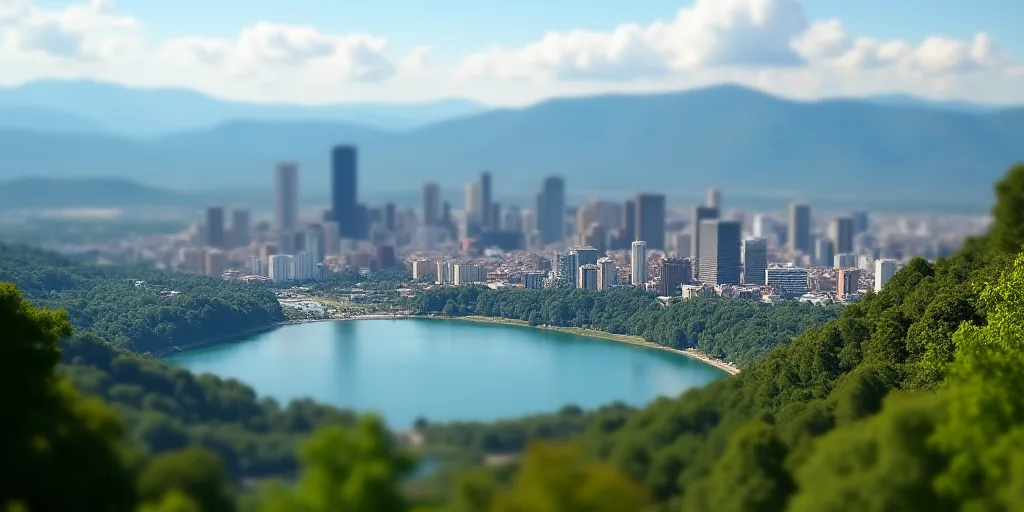 a city skyline with a lake in the foreground and trees in the foreground, and a city in the backgrou