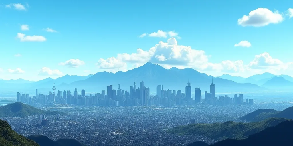 a city skyline with mountains in the background and a blue sky in the foreground with a few clouds,