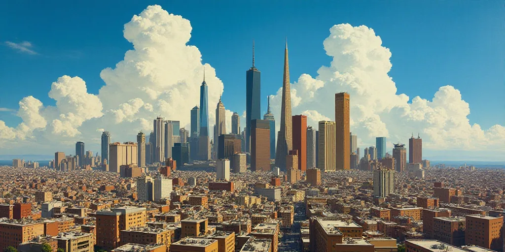 a city skyline with tall buildings and a blue sky in the background with clouds in the sky and a few