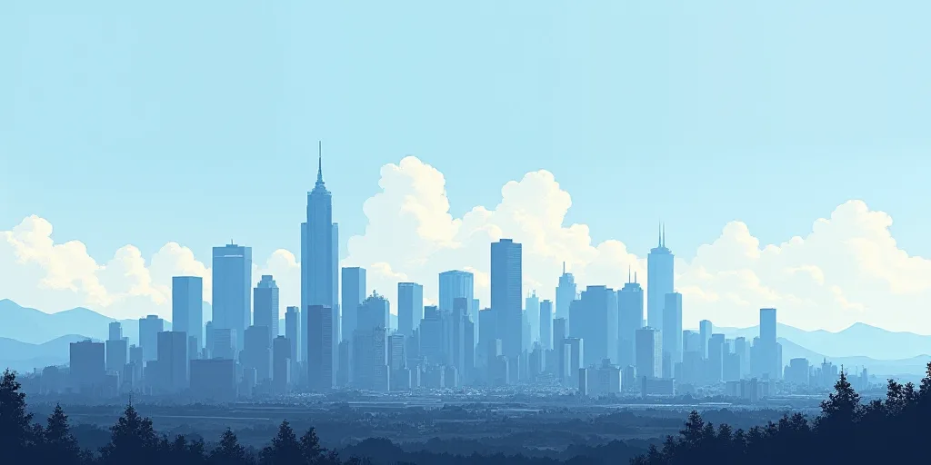 a city skyline with tall buildings and mountains in the background, with a blue sky and clouds in th