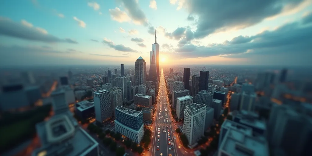 a city street with a lot of buildings and a sky scraper in the background with a sky line, Eddie Men