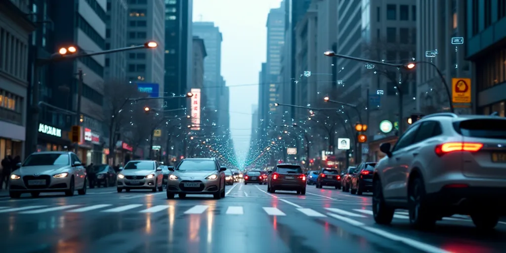 a city street with a lot of cars and a lot of icons on it that are connected to a network, Ai-Mitsu,