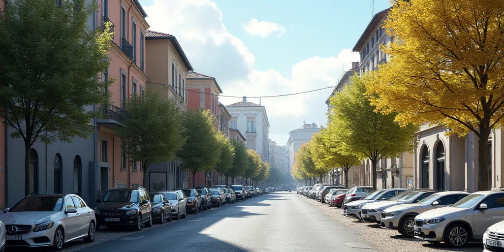 a city street with a lot of cars parked on the side of it and a building in the background, Alesso B